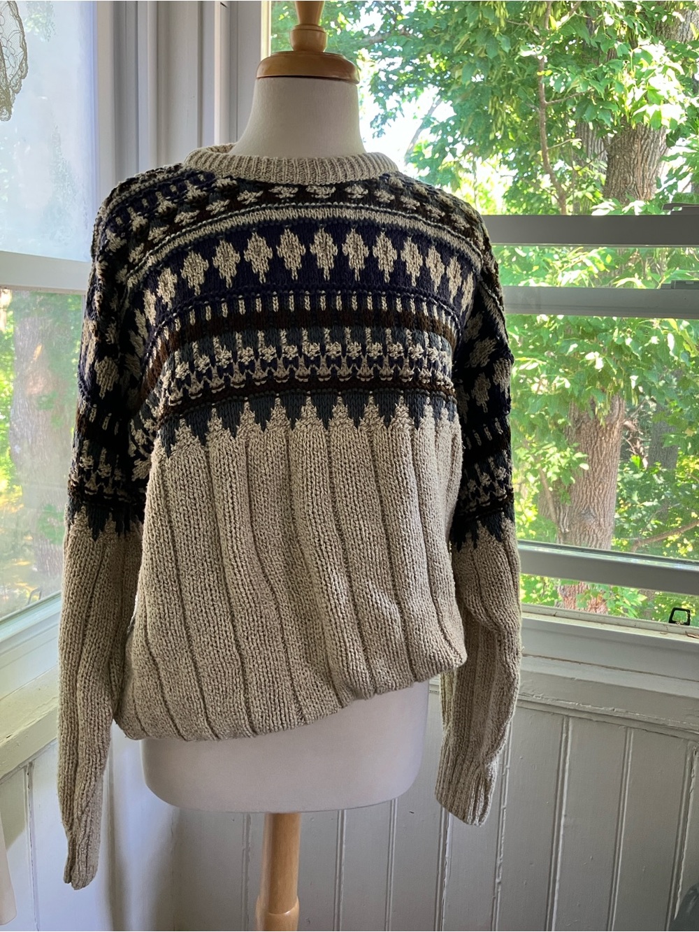 NWT Vintage Oversized Cozy Fair Isle Crewneck Sweater - Cream, Blue, & Brown